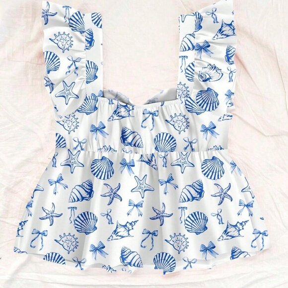 Boho Women's Casual Vacation Style Shell & Ocean print top - Picture 2 of 7